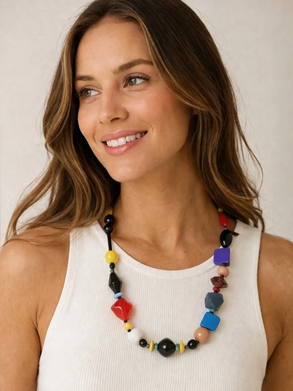 Multi Gemstone Yellow Agate & Wooden Beaded Necklace 22” Handmade Boho Statement